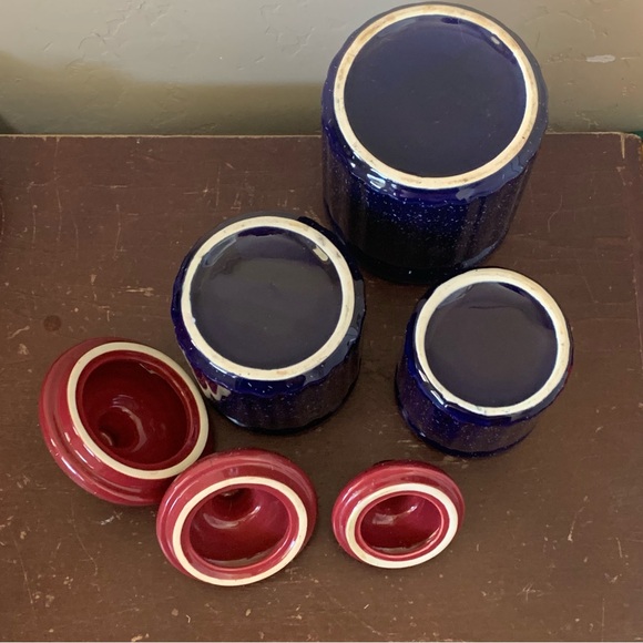 Vintage 3 Piece Speckled Blue Red Glass Kitchen Jars Canisters Lids Flour Sugar - Picture 5 of 5
